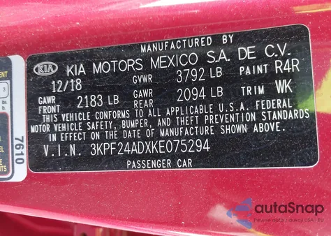 2019 Kia Forte Lxs from USA, damaged, VIN 3KPF24ADXKE075294